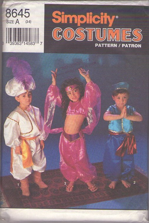Simplicity 8645 Vintage 90's Sewing Pattern Aladdin Costumes, Girl's & Boys' Genie, Prince, Abu Vest, Harem Pants, Hats Disney Knock Off Size 3-8