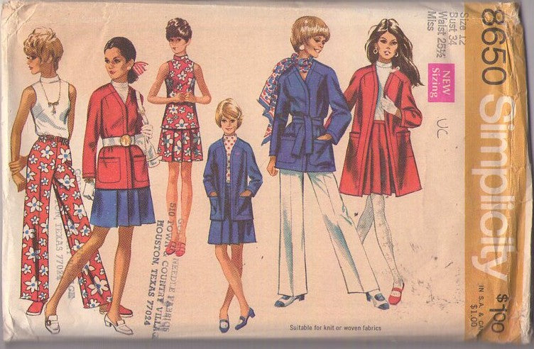 Simplicity 8650 Vintage 60's Sewing Pattern Mod Separates, Clutch Band Trim V Neck Jacket, Coat, Pleated Skirt, Top, Flared Pants Size 12