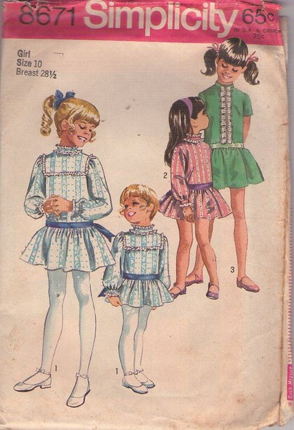 Simplicity 8671 Vintage 60's Sewing Pattern Girl's Dress, Mod Modest, Dropwaist, Pollyanna Party Dress, 3 Styles Size 10