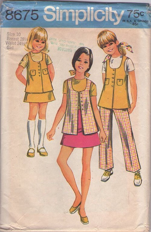 Simplicity 8675 Vintage 60's Sewing Pattern Girl's Separates, Brady Bunch Scoop Neck Jacket Top Vest, Mini Skirt & Pants Size 10