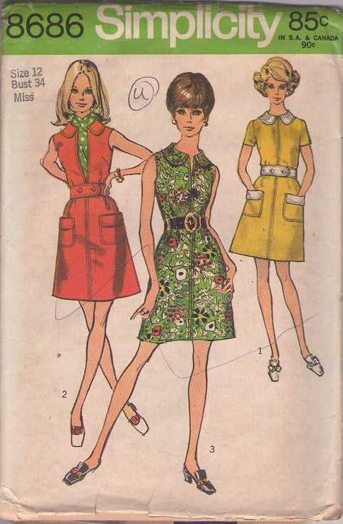 Simplicity 8686 Vintage 70's Sewing Pattern Mod Summer Dresses, Easy Step In Zipper Front Dart Fit Summer Day Dress, Pockets, Collar, 3 Styles Size 12