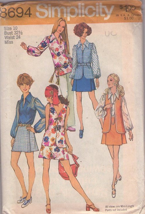 Simplicity 8694 Vintage 70's Sewing Pattern Mod Summer Separates, Big Collar Blouse, V Neck Vest Jacket, Pleated Mini Skirt, Pantskirt Set Size 10