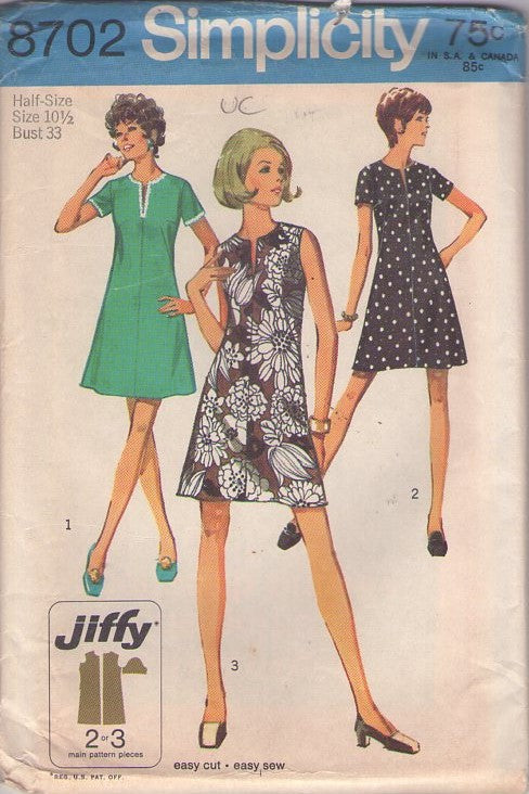 Simplicity 8702 Vintage 70's Sewing Pattern Mod Mini Dress Set, Jiffy Fit & Flared Slit Neck Secretary Dress, 3 Styles Size 10.5