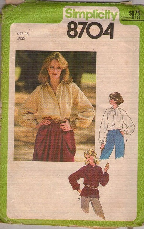 Simplicity 8704 Vintage 70's Sewing Pattern Loose Fit Shirts, Raglan Balloon Sleeve Oversized Collared Secretary Blouse, Shirt Set 3 Styles Size 16
