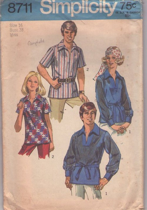Simplicity 8711 Vintage 70's Sewing Pattern Hippie Shirts, Dashiki Style Pullover Shirt & Tie Belt Size 16 CUT