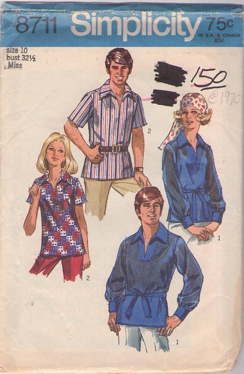 Simplicity 8711 Vintage 70's Sewing Pattern Hippie Shirts, Dashiki Style Pullover Shirt & Tie Belt Size 14 UNCUT