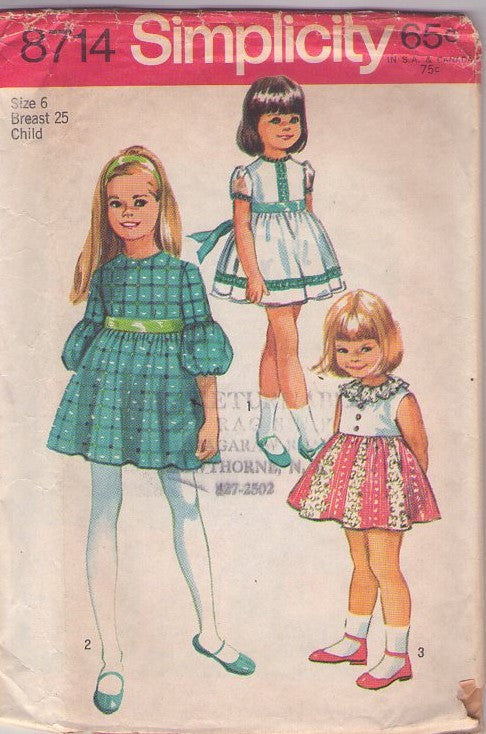Simplicity 8714 Vintage 70's Sewing Pattern Girl's Dresses, Mod Party Dress, 3 Styles, High Waist, Full Skirt, Lantern Sleeve Size 6
