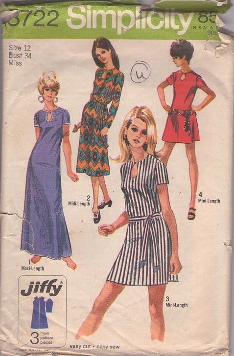 Simplicity 8722 Vintage 70's Sewing Pattern Easy Dress Set, Jiffy Peekaboo Keyhole 3 Main Pieces Mini, Midi Dress, Maxi Gown 4 Styles Size 12