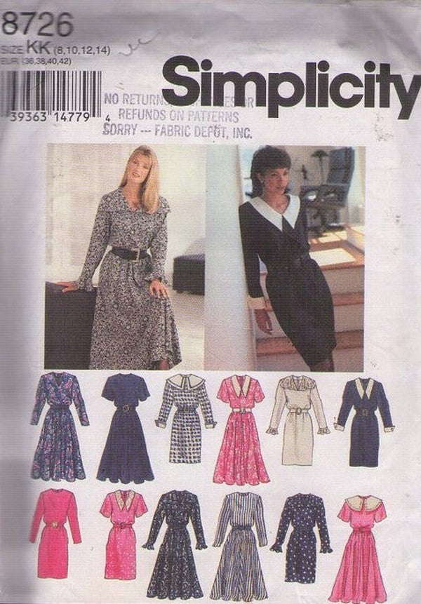 Simplicity 8726 Vintage 90's Sewing Pattern Career Dress, Make Your Own Styles, Sheath, Blouson, Rockabilly Flared Size 8-14