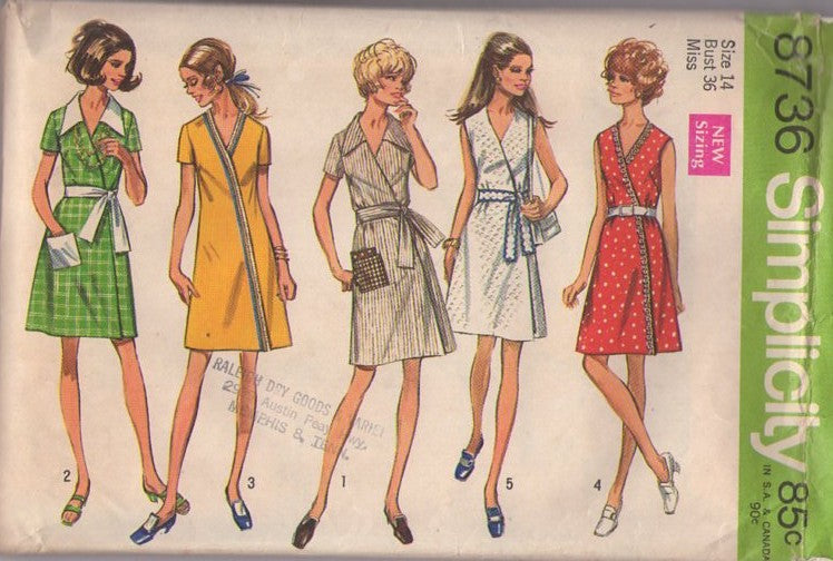 Simplicity 8736 Vintage 70's Sewing Pattern Mod Dresses, Front Wrap Around Summer Secretary Day Dress Set, 5 Styles Size 12