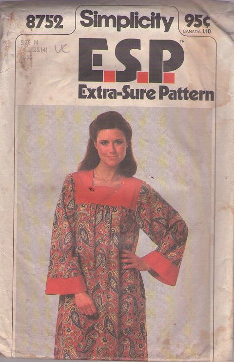 Simplicity 8752 Vintage 70's Sewing Pattern Hippie Caftan, Mrs. Roper Party Muumuu, Lounge Dress Size 10-14