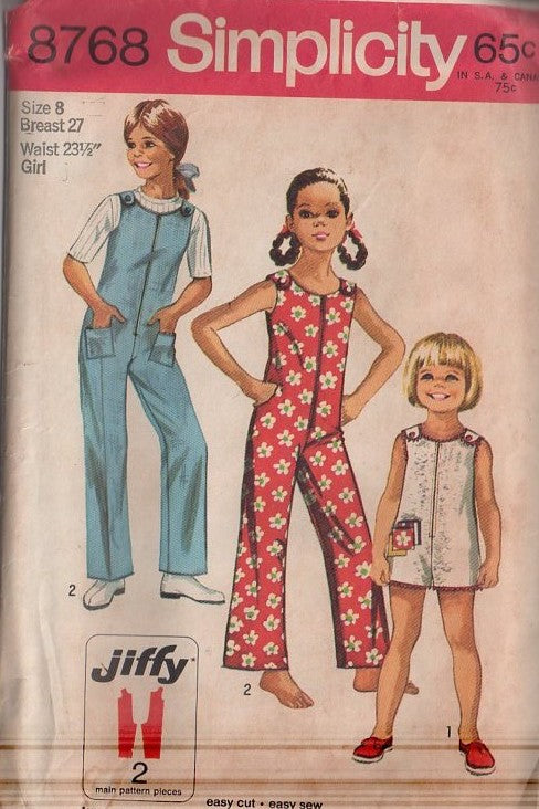 Simplicity 8768 Vintage 60's Sewing Pattern Girl's Rompers, Jiffy Shoulder Buttons Beach Romper, Brady Bunch Jumpsuit Size 8