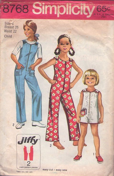 Simplicity 8768 Vintage 60's Sewing Pattern Girl's Rompers, Jiffy Shoulder Buttons Beach Romper, Brady Bunch Jumpsuit Size 6