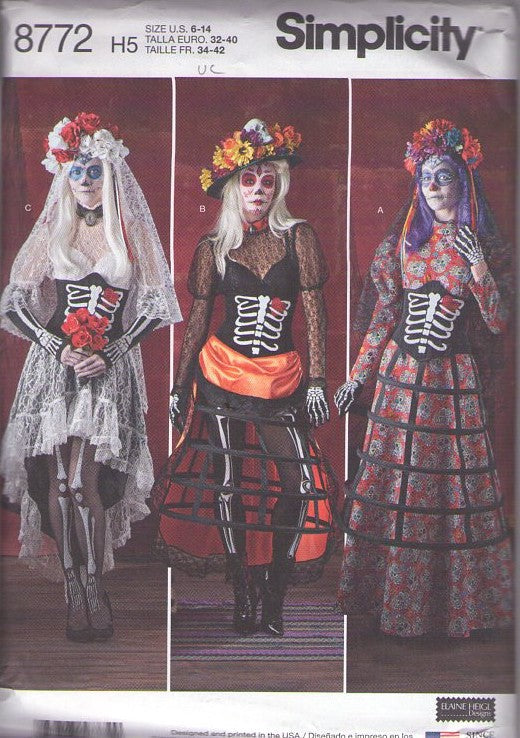 Simplicity 8772 Retro 2018 Sewing Pattern Cosplay Costumes, Spooky Day of the Dead Mardi Gras Underbust Skeleton Corset, Cage Hoop Skirt, Lace Top, Shawl, Veil Size 6-14