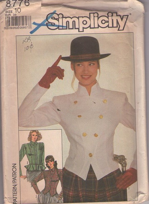 Simplicity 8776 Vintage 80's Sewing Pattern Jacket Blouses, New Wave Fitted Top, Space Age Asymmetric Button Up Blouse, Jacket Top with Peplum Set Size 10