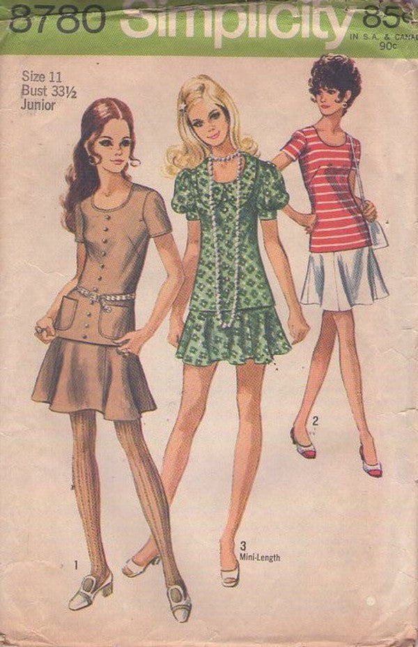 Simplicity 8780 Vintage 70's Sewing Pattern Mod 2 Piece Dress, Scoop Neck Blouse, Top, Flared Skater Style Mini Skirt Size 11