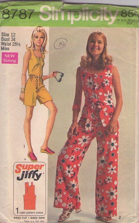 Simplicity 8787 Vintage 70's Sewing Pattern Super Jiffy Jumpsuits, Easy Scoop Neck, Front Zippered Playsuit, Sunsuit Romper, Long Flared Leg Jumpsuit Size 12
