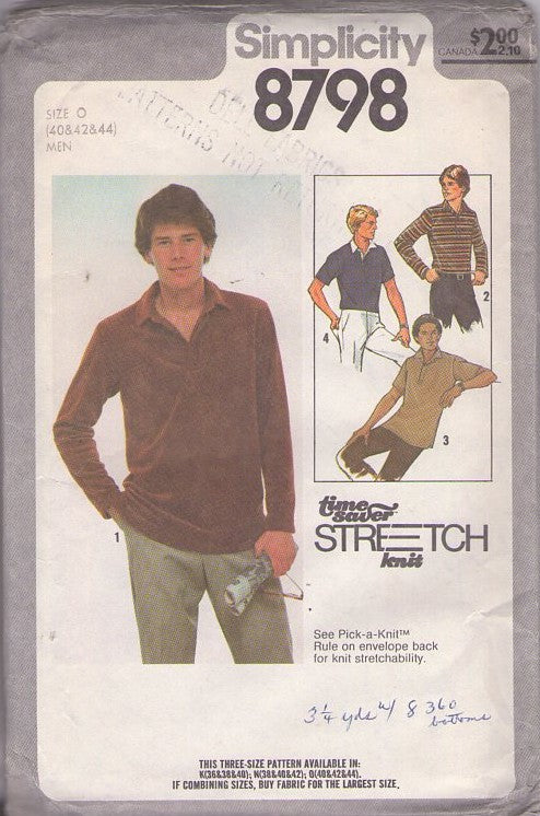 Simplicity 8798 Vintage 70's Sewing Pattern Men's Polo Shirt, Pullover Velour, Rugby Styles Size 40-44
