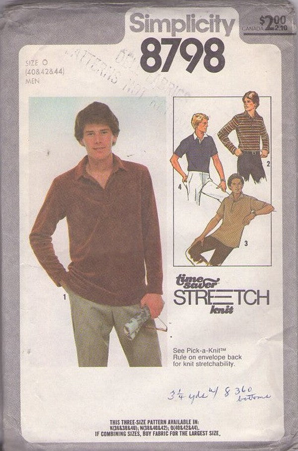 Simplicity 8798 Vintage 70's Sewing Pattern Men's Polo Shirt, Pullover Velour, Rugby Styles Size 40-44