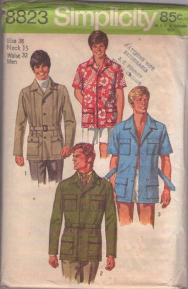 Simplicity 8823 Vintage 70's Sewing Pattern Men's Shirts, Safari Jacket, Flap Pockets Shirt, Shirt Jacket Set, Hawaiian, Beatnik Mod Size 38 L