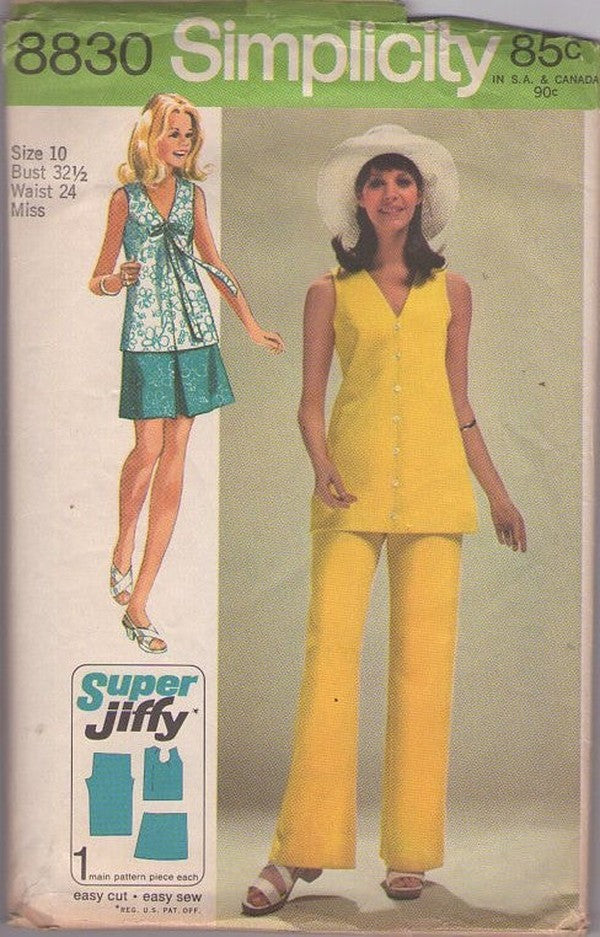 Simplicity 8830 Vintage 70's Sewing Pattern Summer Separates, Super Jiffy V Neck Tunic Top, Pleated Mini Skirt & Pants Size 10