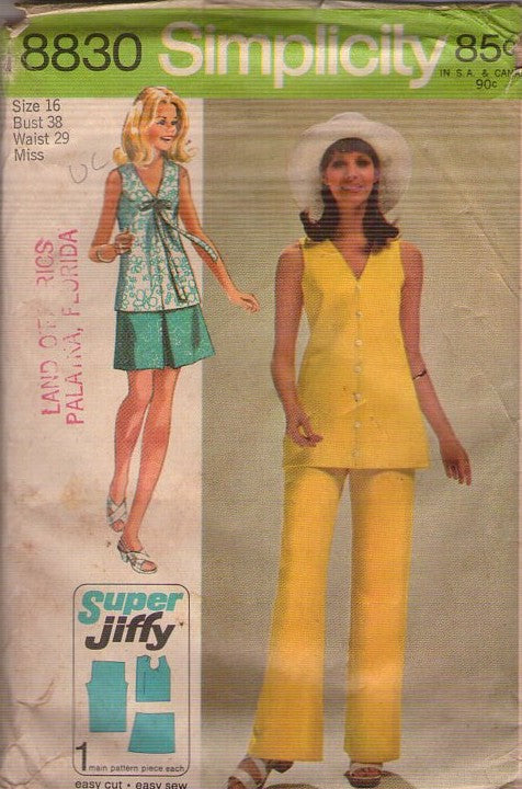 Simplicity 8830 Vintage 70's Sewing Pattern Summer Separates, Super Jiffy V Neck Tunic Top, Pleated Mini Skirt & Pants Size 16
