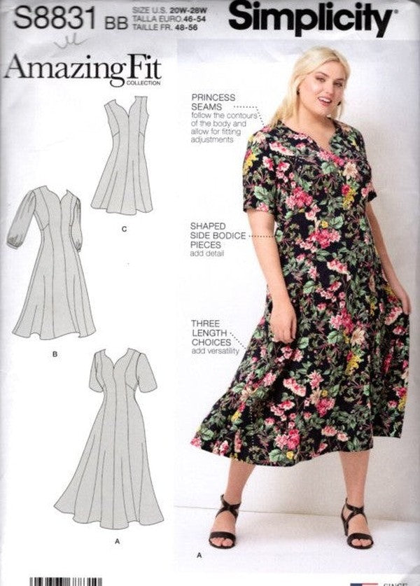 Simplicity 8831 Retro 2019 Sewing Pattern Amazing Fit Collection Plus Size Dress, Princess Seams, 3 Styles Size 20W-28W