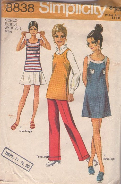 Simplicity 8838 Vintage 70's Sewing Pattern Mini Dress Set, Scoop Neck, Band Trim Tank Top, Mini Sundress Dress, Flared Mini Skirt & Pants Size 12