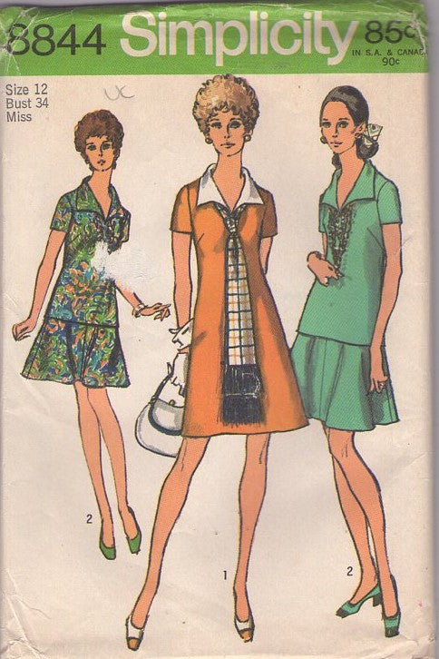 Simplicity 8844 Vintage 70's Sewing Pattern Mod Dress Set, Secretary Wing Collar Top & Flared Skirt, A-Line Fit & Flared Dress & Fringe Scarf Size 12