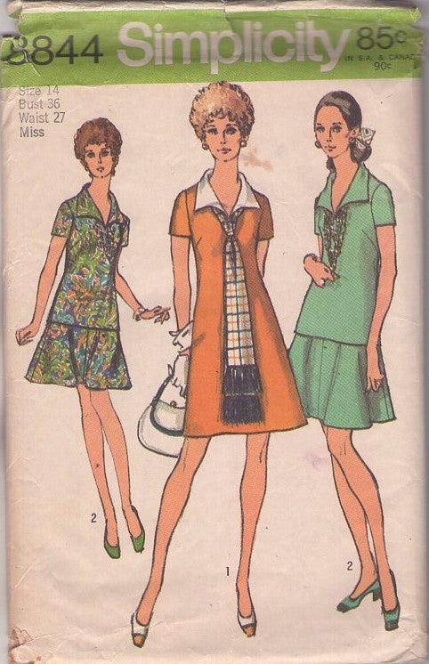 Simplicity 8844 Vintage 70's Sewing Pattern Mod Dress Set, Secretary Wing Collar Top & Flared Skirt, A-Line Fit & Flared Dress & Fringe Scarf Size 14