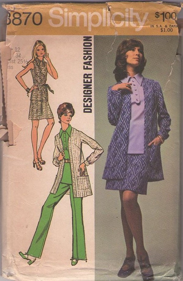 Simplicity 8870 Vintage 70's Sewing Pattern Mod Separates, Designer Fashion Secretary Polo Shirt Tunic Top Blouse, Cardigan Jacket, Skirt & Pants Size 12