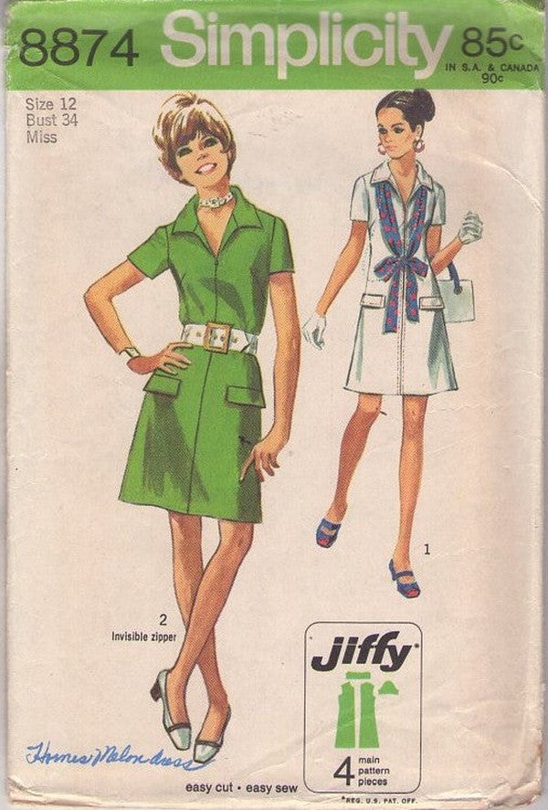 Simplicity 8874 Vintage 70's Sewing Pattern Easy Mod Dress, Jiffy Front Zippered Secretary Dress, 2 Styles Size 12