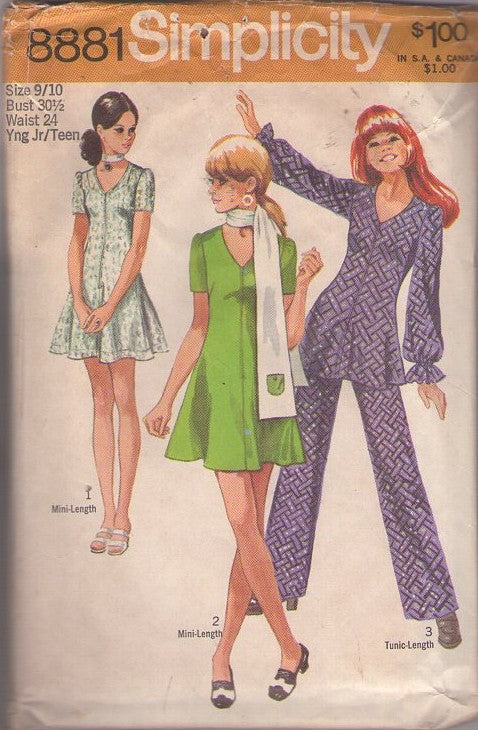 Simplicity 8881 Vintage 70's Sewing Pattern Mod Separates, V Neck Center Seam Fit & Flared Mini Dress, Tunic Top & Pants Size 9/10