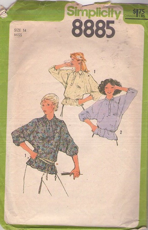 Simplicity 8885 Vintage 70's Sewing Pattern Disco Tops, Raglan Batwing Dolman Sleeve Oversized Pullover Blouse, Top Set, Peplum Size 14