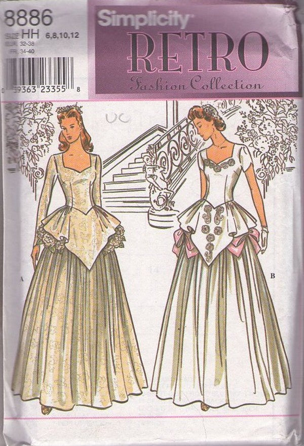 Simplicity 8886 Retro 90's Sewing Pattern 40s Style Gowns, Retro Fashion Collection, Draped Peplum Wedding Gown, Sweetheart Bridal Dress Set Size 6-12