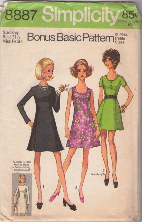 Simplicity 8887 Vintage 70's Sewing Pattern Bonus Basic Dresses, Scoop Neck Princess Seams Cocktail Dress Set Size 10MP