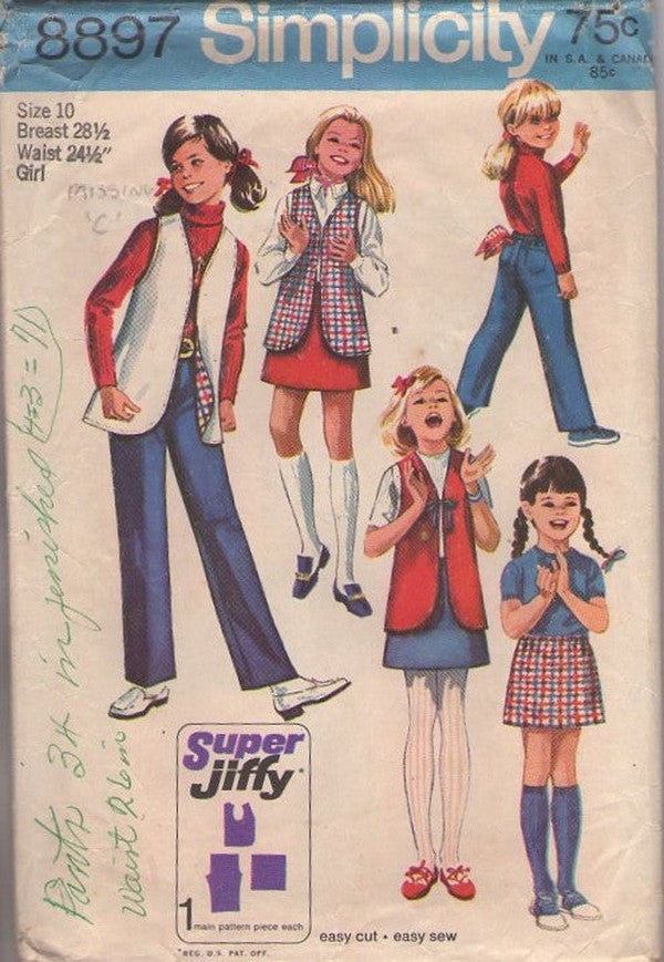 Simplicity 8897 Vintage 70's Sewing Pattern Girls' Groovy Separates, Super Jiffy Mod Vest, Skirt, Pants Size 10