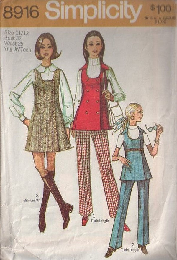 Simplicity 8916 Vintage 70's Sewing Pattern Mod Twiggy Scoop Neck Wrap Mini Jumper, Double Breasted Wrap Around Tunic Top, Pants Size 11/12