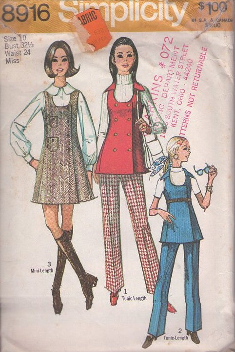 Simplicity 8916 Vintage 70's Sewing Pattern Mod Jumpers, Twiggy Scoop Neck Wrap Mini Jumper, Double Breasted Wrap Around Tunic Top, Pants Size 10 CUT