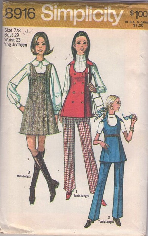 Simplicity 8916 Vintage 70's Sewing Pattern Mod Twiggy Scoop Neck Wrap Mini Jumper, Double Breasted Wrap Around Tunic Top, Pants Size 7/8 UNCUT