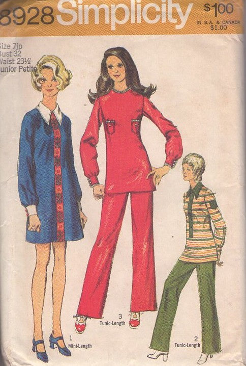 Simplicity 8928 Vintage 70's Sewing Pattern Mod Pantsuits, Dress, Pants, Brady Bunch, Tiny Breast Pockets Oversized Polo Shirt, Mini Dress, Tunic Top Blouse & Pants Size 7JP