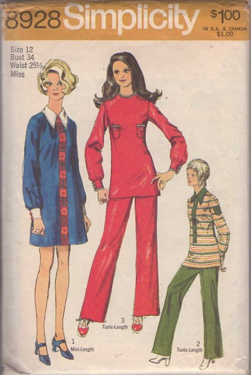 Simplicity 8928 Vintage 70's Sewing Pattern Mod Pantsuits, Dress, Pants, Brady Bunch, Tiny Breast Pockets Oversized Polo Shirt, Mini Dress, Tunic Top Blouse & Pants Size 12