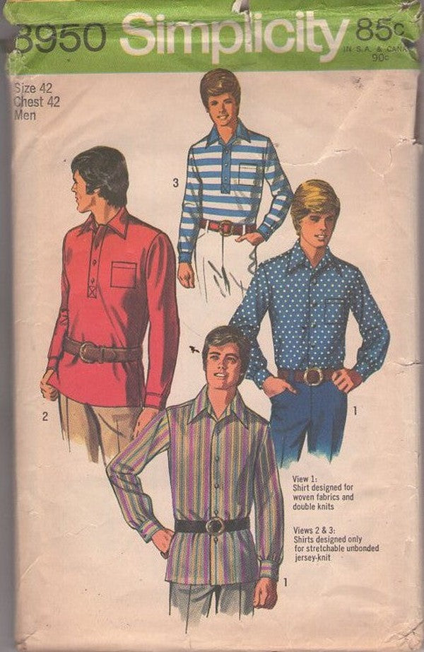 Simplicity 8950 Vintage 70's Sewing Pattern Men's Beatnik Tops, Hippie Dress Shirt, Polo Shirt, Tunic Shirt Size 42 XL