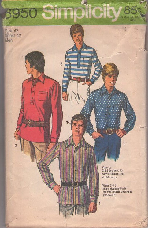 Simplicity 8950 Vintage 70's Sewing Pattern Men's Beatnik Tops, Hippie Dress Shirt, Polo Shirt, Tunic Shirt Size 42 XL