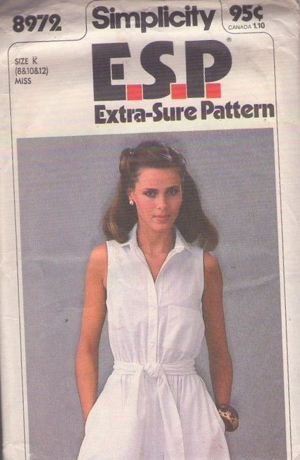 Simplicity 8972 Vintage 70's Sewing Pattern Easy Summer Shirtwaist Dress, Sundress Size 8-12
