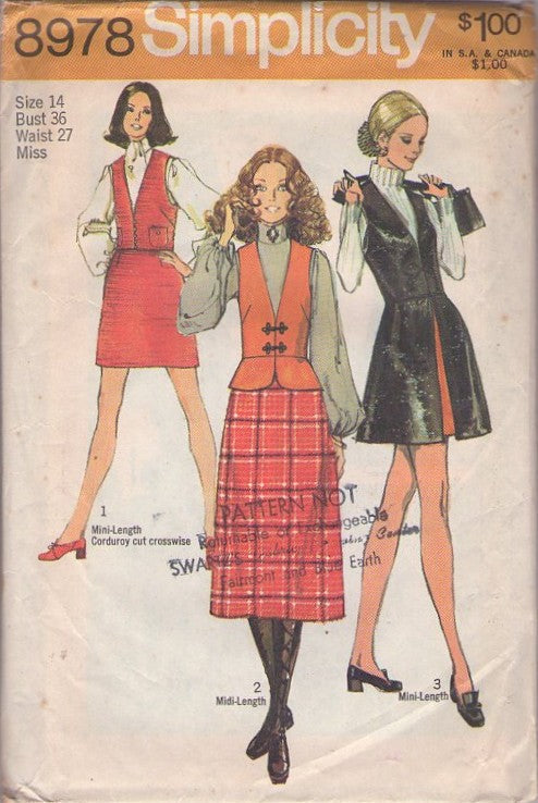 Simplicity 8978 Vintage 70's Sewing Pattern Mod Vest, Tunic, Skirt Set, Secretary Styles Size 14