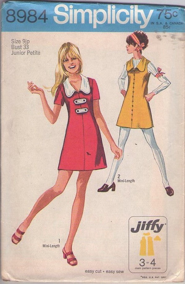 Simplicity 8984 Vintage 70's Sewing Pattern Twiggy Dress, Jumper, Mod Easy Jiffy Shaped Collar Mini Dress, 2 Styles Size 9JP