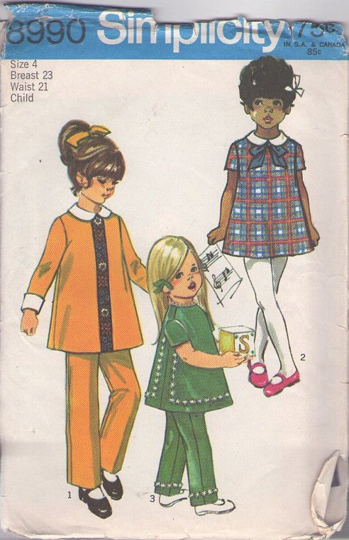 Simplicity 8990 Vintage 70's Sewing Pattern Girl's Pantsuit, Brady Bunch Looks, Band Trim Tunic Blouse, Mini Dress, Daisy Medallion Trimmed Pants Size 3