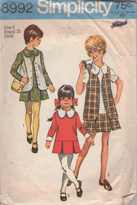 Simplicity 8992 Vintage 70's Sewing Pattern Girl's Separates, Brady Bunch, Big Collar Drop Waist Pleated Skirt Dress, Vest Jacket Size 6