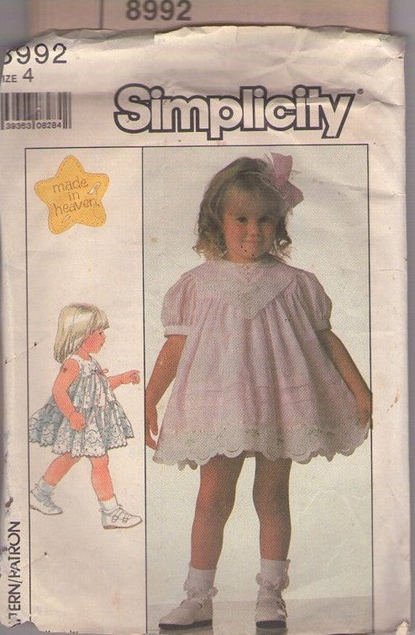 Simplicity 8992 Vintage 80's Sewing Pattern Girls' Eyelet Party Dress, Lacy Trim, Made in Heaven, 2 Styles Size 4